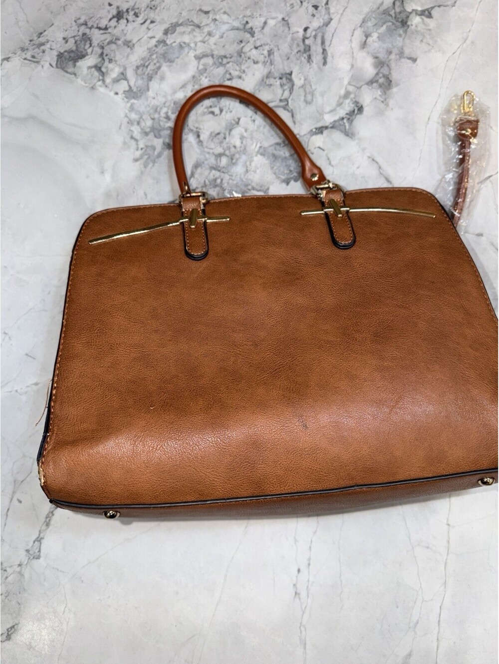 Dasein Brown Vegan Leather Satchel Handbag Gold Hardware Tote Strap